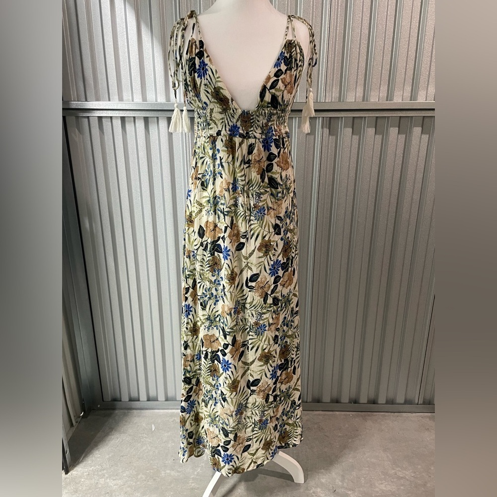 Floral Smocked‎ Babydoll Tie Strap Crinkle Maxi Dress Small Beachy Resortwear